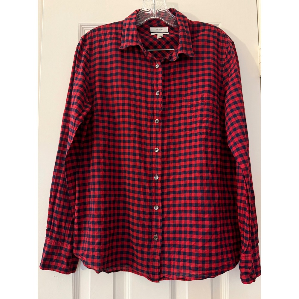 J.Crew Boy Shirt Red Navy Blue Gingham Check Button Down Long Sleeve Size 8